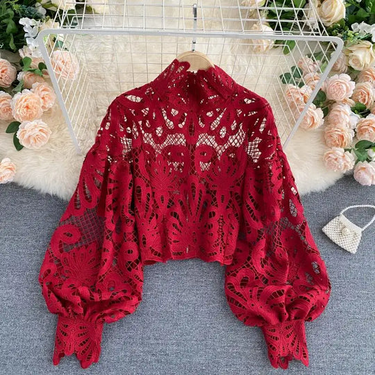 Heidi-Mode | Sexy Spitzen Hohle Ohne Kurze Bluse Lässig Laterne Langärmlige Standkragen Hemden Frauen Elegant Rot/ Rosa/ Weiß Lose Tops