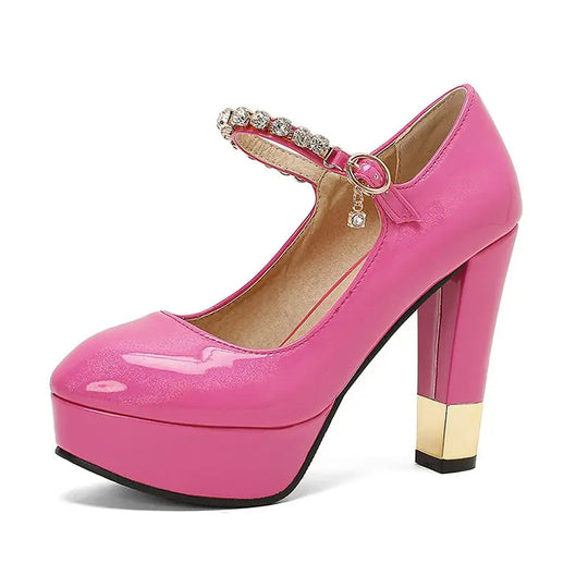 Heidi-Mode | Simloveyo Patentleder Damen Pumps Runde Zehen Hohe Absätze 11 5Cm Plattform Schnalle Riemen Größe 49 50 Sexyle Party Schuhe