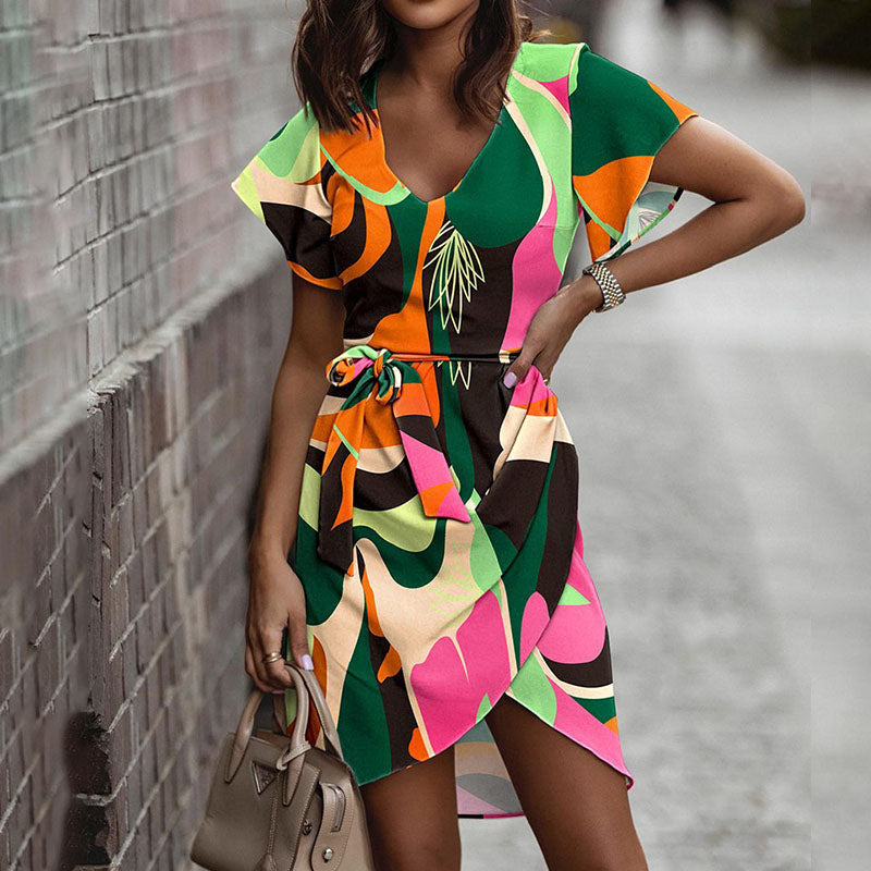 Heidi-Mode | Buntes Halblanges Kleid mit Schleife in Der Mitte