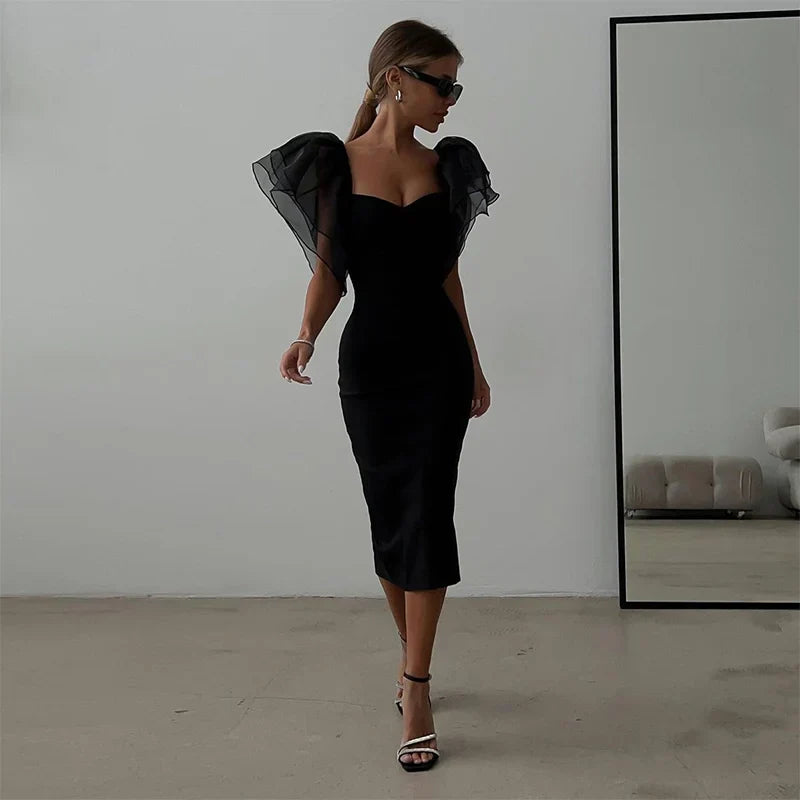 Heidi-Mode | Mesh Schmetterlingärmel Sheath Bodycon Kleid Frauen Quadratischer Hals Midi Robe Femme Festes Schwarz Vestidos Mujer Sexy Dame Festkleider