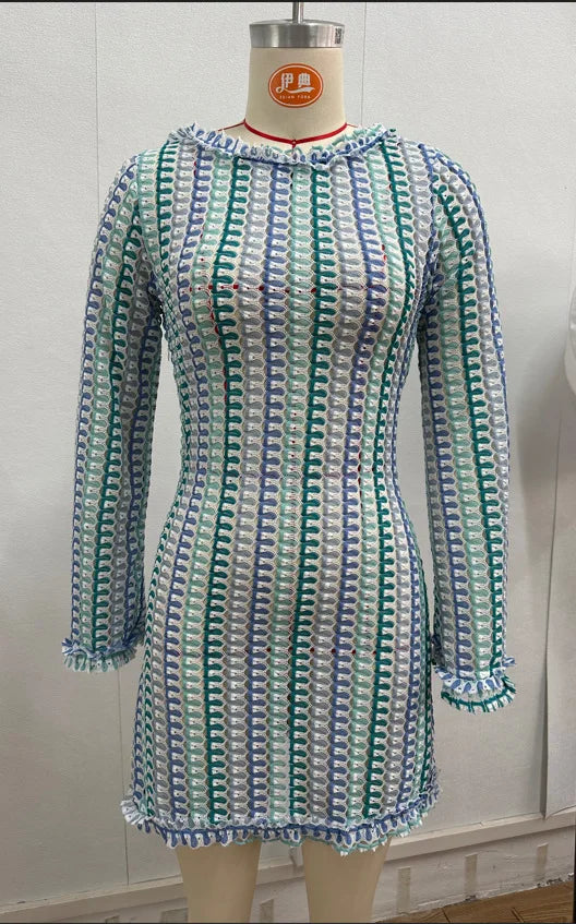 Heidi-Mode | Rückenfreie Gestreifte Strandkleid Frauen Mode Hohle Mini Boho Kleid Sommer Elegant Farbig Langärmlig Bikini Abdeckung