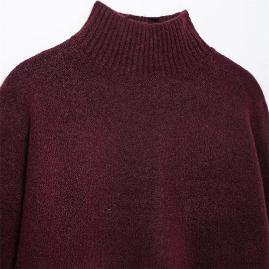 Heidi-Mode | Elegant Burgundy Hoher Kragen Damenpullover