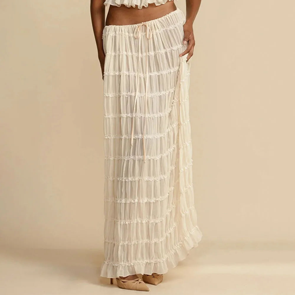 Heidi-Mode | Damen Sommerferien Strand Cover Ups Kleid Set Ärmellos Raffung Halterneck Lange Rock Anzug Top Schnüre Falten Maxi Röcke