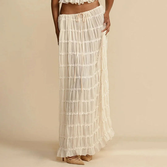 Heidi-Mode | Damen Sommerferien Strand Cover Ups Kleid Set Ärmellos Raffung Halterneck Lange Rock Anzug Top Schnüre Falten Maxi Röcke