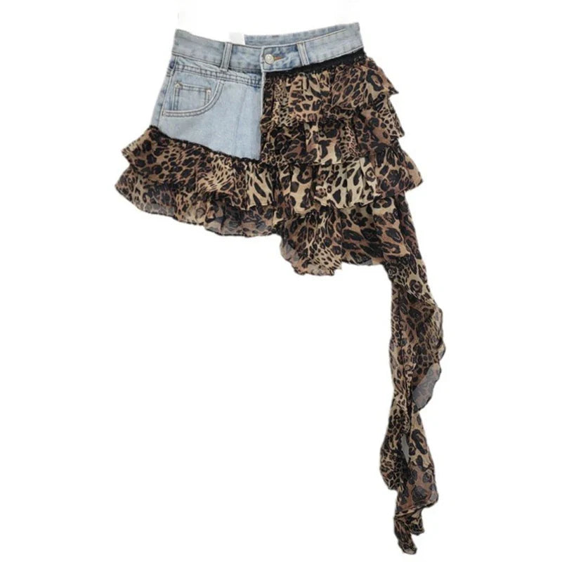 Heidi-Mode | Denim-Splicing Unregelmäßige Kurze Röcke für Frauen Sommer Neue Mode Vielseitiger Chiffon Minirock Frau Trend
