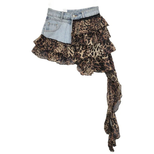 Heidi-Mode | Denim-Splicing Unregelmäßige Kurze Röcke für Frauen Sommer Neue Mode Vielseitiger Chiffon Minirock Frau Trend