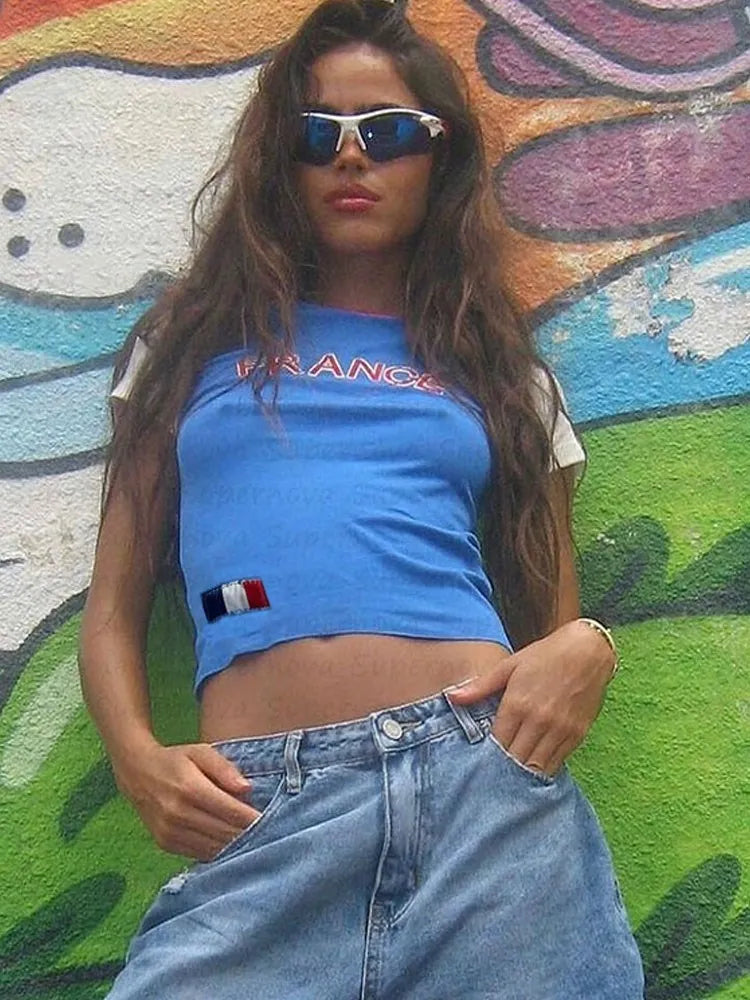 Heidi-Mode | Ästhetik Streetwear Damen Tee Sommer Lässig Gothik 90Er Vintage Grunge Buchstaben Stickerei Kurzarm T-Shirt Y2K Crop Top