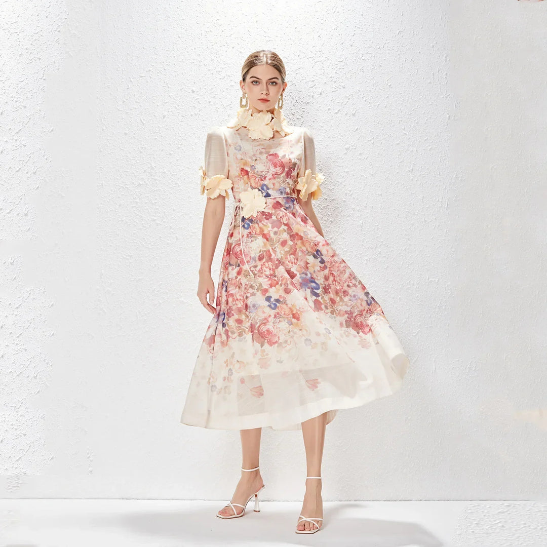 Heidi-Mode | Neue Damen Floral Mini Kleid Frühling Sommer Gedruckt Stehkragen Kurzarm Kleid Damen Urlaub Feier Vintage Kleider