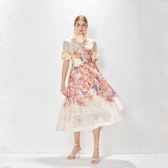 Heidi-Mode | Neue Damen Floral Mini Kleid Frühling Sommer Gedruckt Stehkragen Kurzarm Kleid Damen Urlaub Feier Vintage Kleider