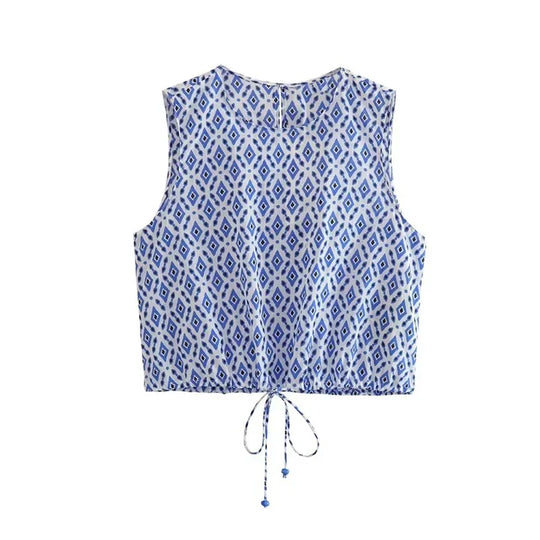 Heidi-Mode | Damen Tern Print Top Hose Set Mode Sommer Neu Frauen O-Ausschnitt Ohne Ärmel Schnüren Kurz Top und Hohe Taille Lange Hosen
