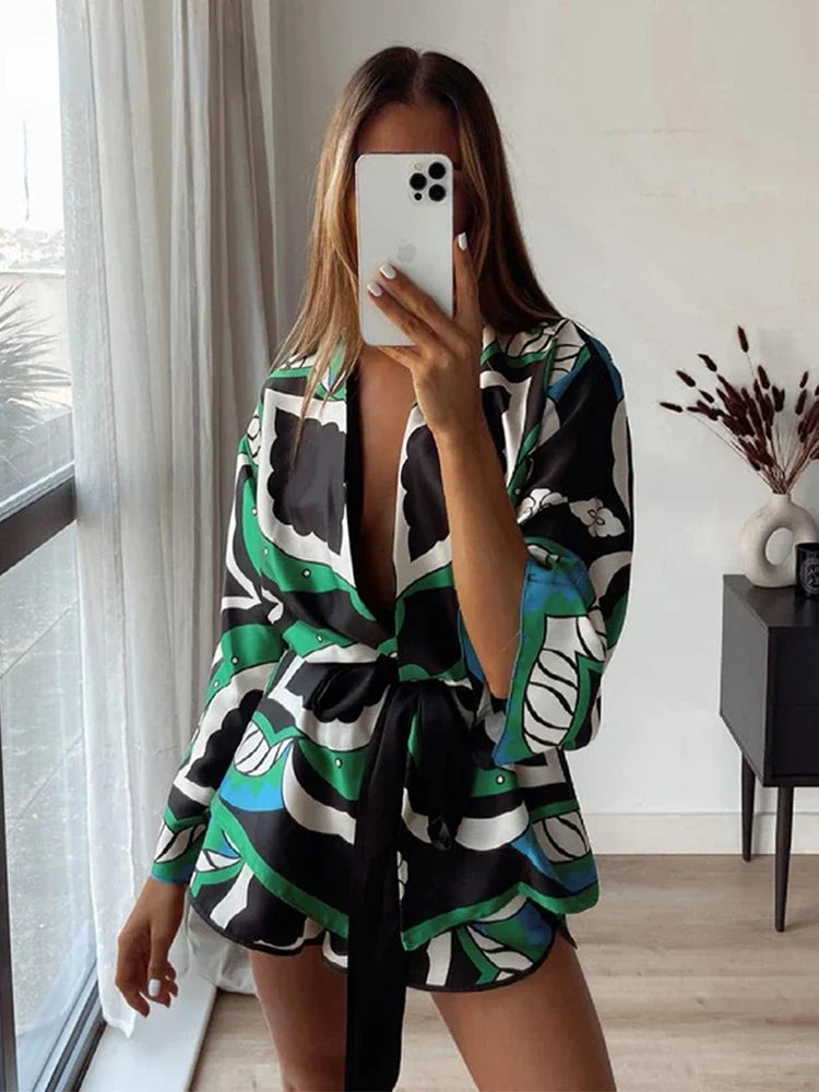 Heidi-Mode | Foridol Übergröße Grün Print Boho Frauen Shorts Set Shirts Shorts Hosen Drei Stücke Mode Set Passende Set Sommer