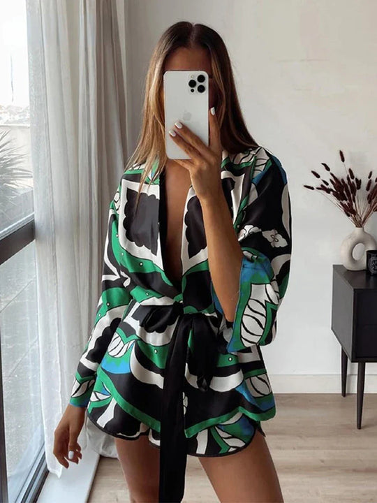 Heidi-Mode | Foridol Übergröße Grün Print Boho Frauen Shorts Set Shirts Shorts Hosen Drei Stücke Mode Set Passende Set Sommer
