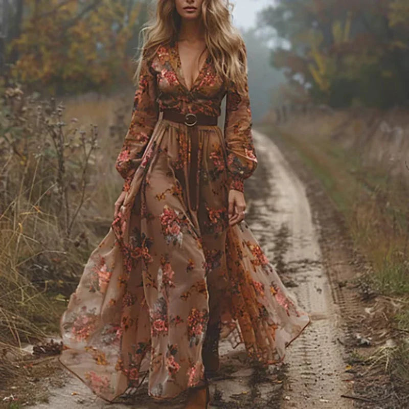 Heidi-Mode | Niedrig V-Ausschnitt Langarm Boho Stil Maxikleid Iricka