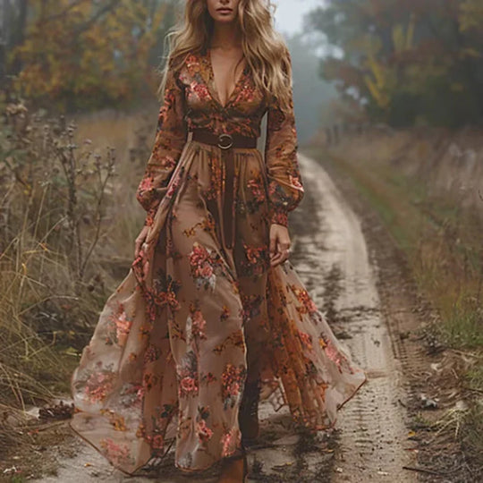 Heidi-Mode | Niedrig V-Ausschnitt Langarm Boho Stil Maxikleid Iricka