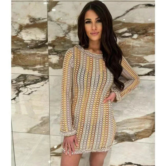 Heidi-Mode | Rückenfreie Gestreifte Strandkleid Frauen Mode Hohle Mini Boho Kleid Sommer Elegant Farbig Langärmlig Bikini Abdeckung