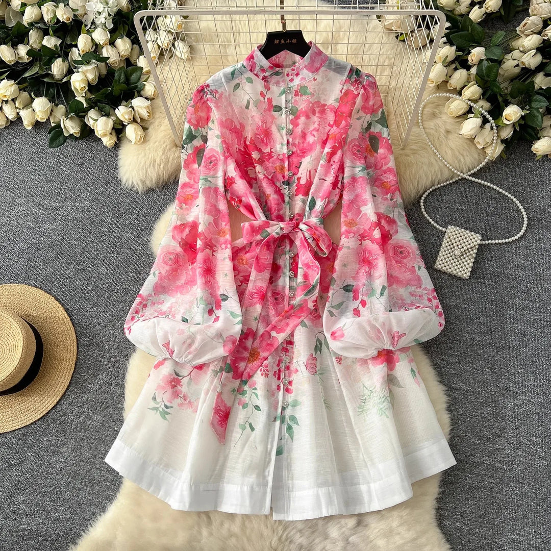 Heidi-Mode | Frühling Ferien Schöne Blume Organza Kleid Frauen Laterne Langarm Perle Knopf Blumenmuster Gürtel Schnürung Boho Vestido