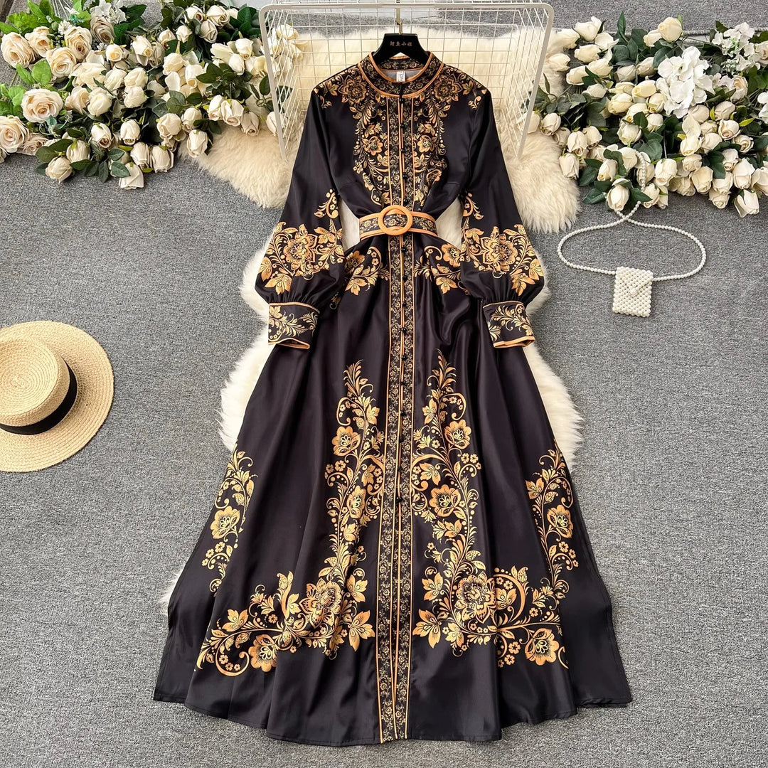 Heidi-Mode | Neue Mode Catwalk Rot und Weiß Porzellan Kleid Frauen Stehen Lange Laterne Ärmel Blau Blumenmuster Hemd Robe Vestidos