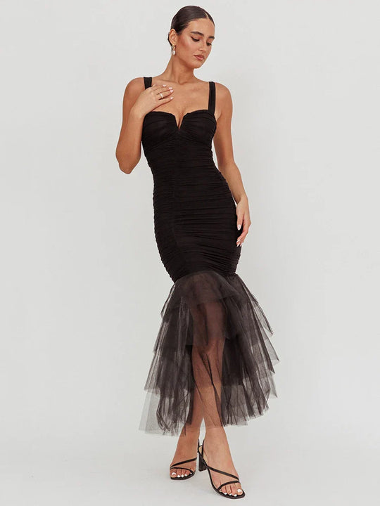 Heidi-Mode | Mesh Rückenfreies Sexy Maxikleid für Frauen Gown mit Lagen Spaghetti-Trägern Ärmellos Gerafftes Bodycon Club Party Kleid