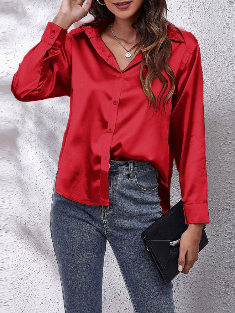 Heidi-Mode | Damen Satin Bluse Lockere Passform, Knopfverschluss, Seidenärmel