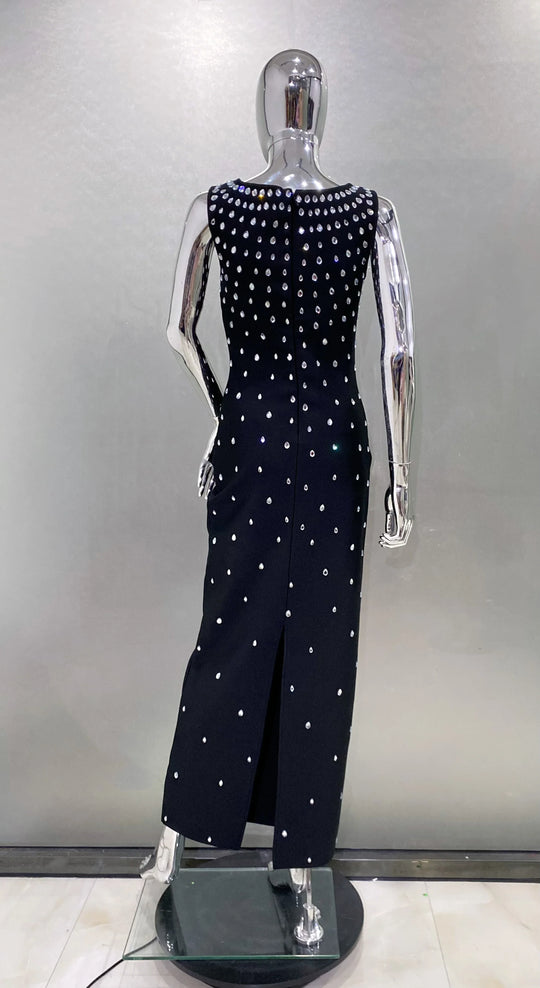 Heidi-Mode | Schwarz Himmelblau Frauen Ohne Ärmel Sexy O-Ausschnitt Schiene Kristall Bodycon Bandage Lange Kleid Celebraate Nachtclub Fest Outfit