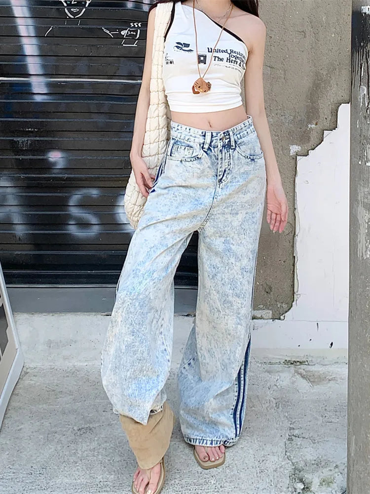 Heidi-Mode | Y2K 2000Er Kleidung Seitliche Streifen Helles Blau Baggy Jeans Hosen Damen Kleidung Günstiger Preis Weite Beine Damen Hosen Roupas Feminina