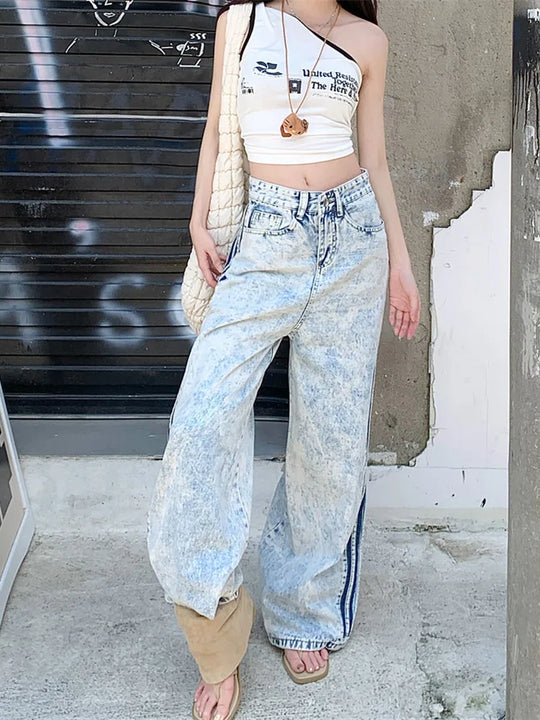 Heidi-Mode | Y2K 2000Er Kleidung Seitliche Streifen Helles Blau Baggy Jeans Hosen Damen Kleidung Günstiger Preis Weite Beine Damen Hosen Roupas Feminina