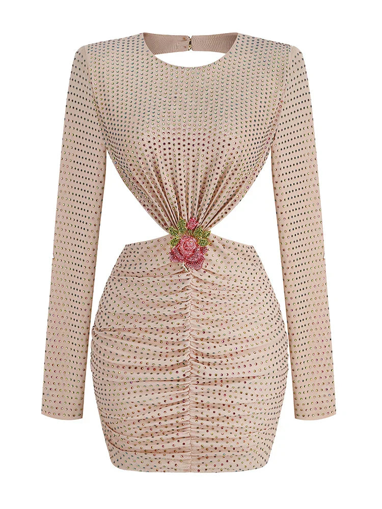 Heidi-Mode | Sexy O-Ausschnitt Lange Ärmel Perlen Mini Kleid Frauen Blumen Rückenfrei Luxus Diamanten Schlank Kleid Cocktail Party Abend Kleider