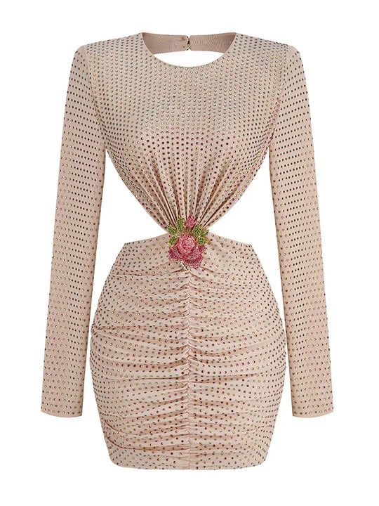 Heidi-Mode | Sexy O-Ausschnitt Lange Ärmel Perlen Mini Kleid Frauen Blumen Rückenfrei Luxus Diamanten Schlank Kleid Cocktail Party Abend Kleider