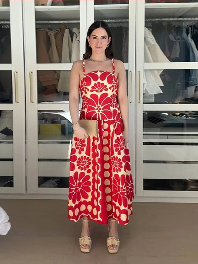 Heidi-Mode | Fashion Rot Druck Spaghetti Träger Kleid Frauen Sexy Rückenfrei Ärmellos Sling Kleid Sommer Weiblich Lässig Fest Strand Kleider