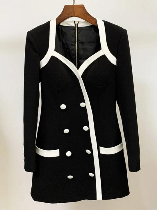 Heidi-Mode | Designer Kleid Frauen Extra Schulter Quadratkragen Lange Ärmel Doppelreihe Farbblock Mini Kleid