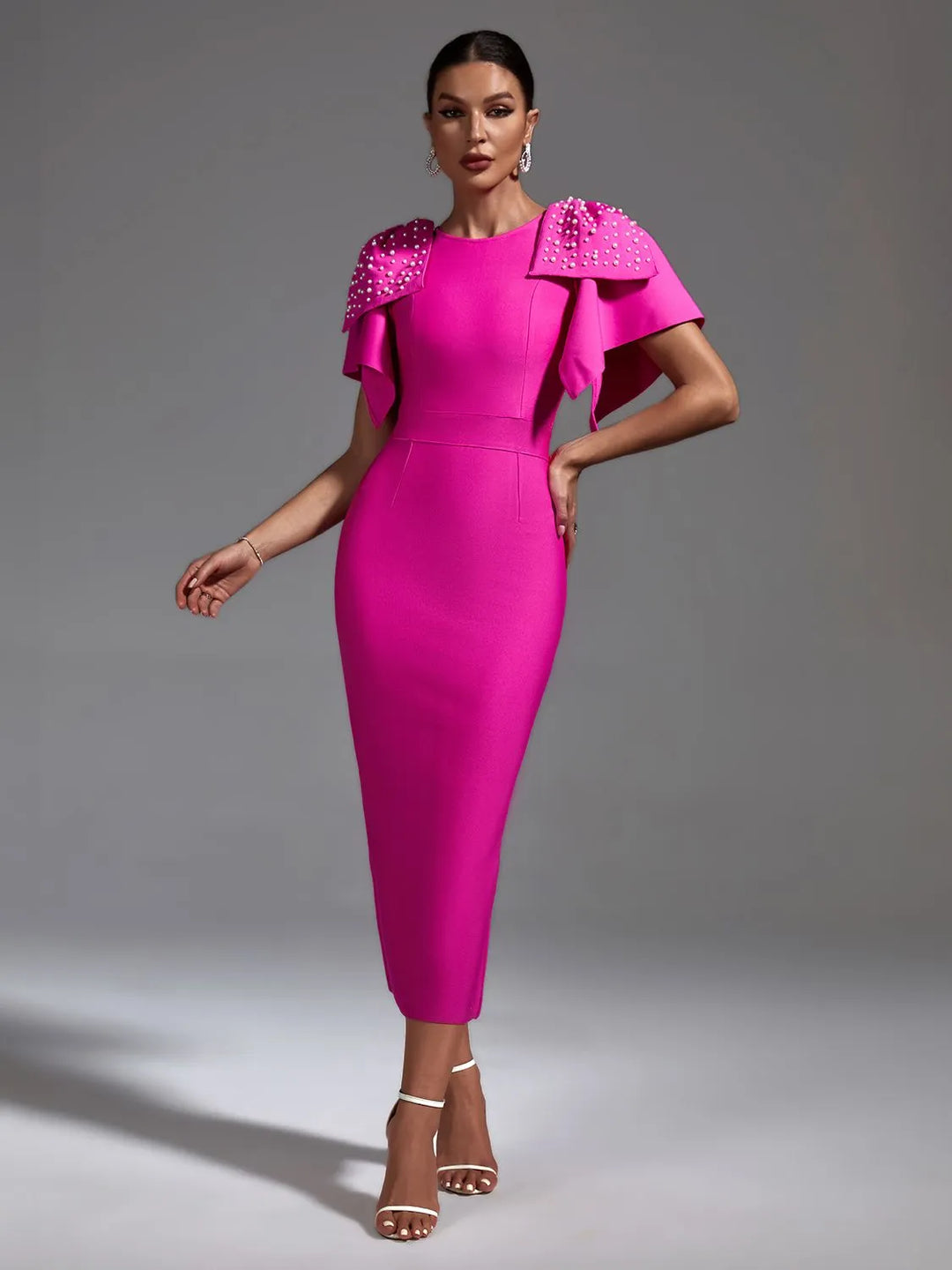 Luxe Fuchsia Perlen Rüsche Ärmel Bandage Midi Kleid für Damen