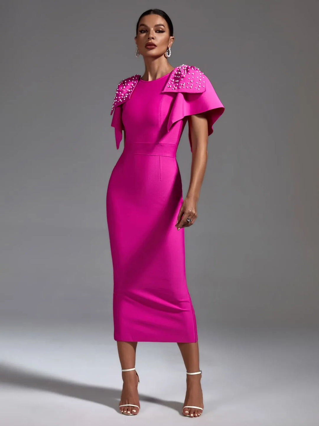 Luxe Fuchsia Perlen Rüsche Ärmel Bandage Midi Kleid für Damen