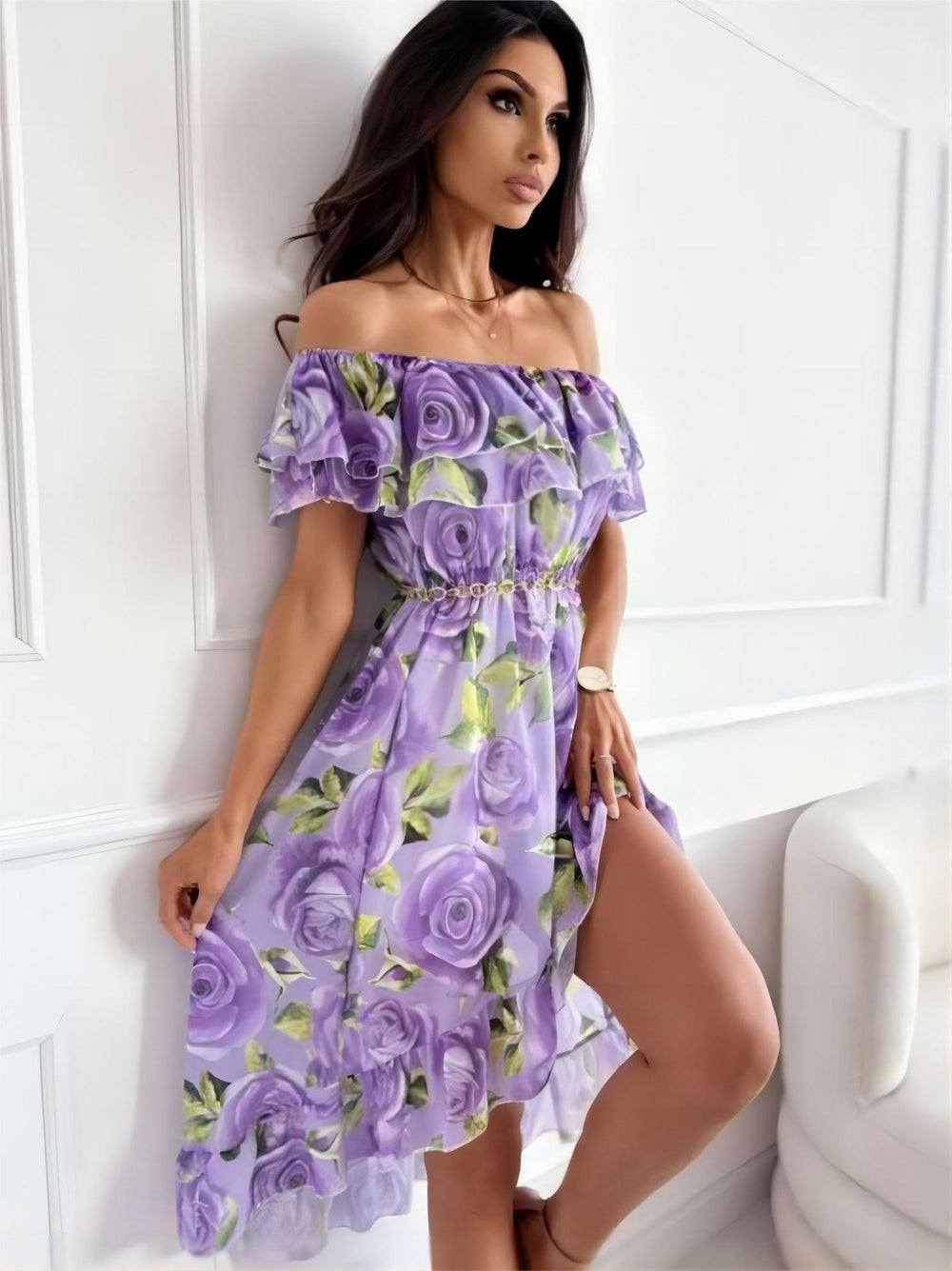 off-shoulder jurk met rozen