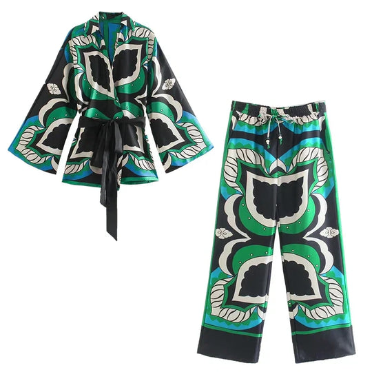Heidi-Mode | Foridol Übergröße Grün Print Boho Frauen Shorts Set Shirts Shorts Hosen Drei Stücke Mode Set Passende Set Sommer