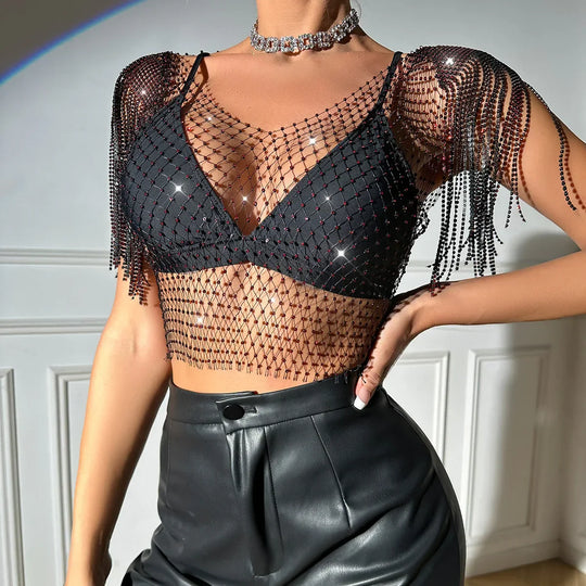 Heidi-Mode | Damen Sexy V-Ausschnitt Strass Kurz Crop Top Bling Kristall Fransen Schulter Dekor Diamant Fischernetz Shirt