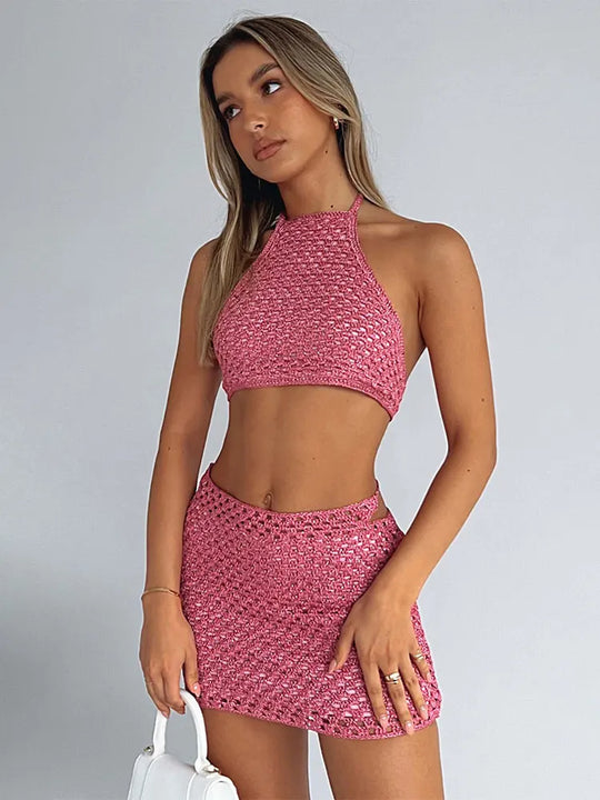Heidi-Mode | Gestrickte Hals-Halter Rückenfreies Crop & Mini Rock Sets