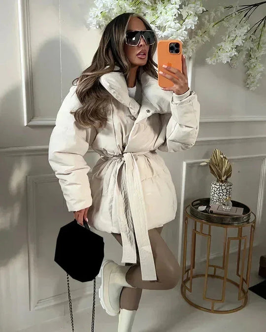 Heidi-Mode | jack mit Gürtel für Damen - warmer brauner Jacke mit oversized Kragen