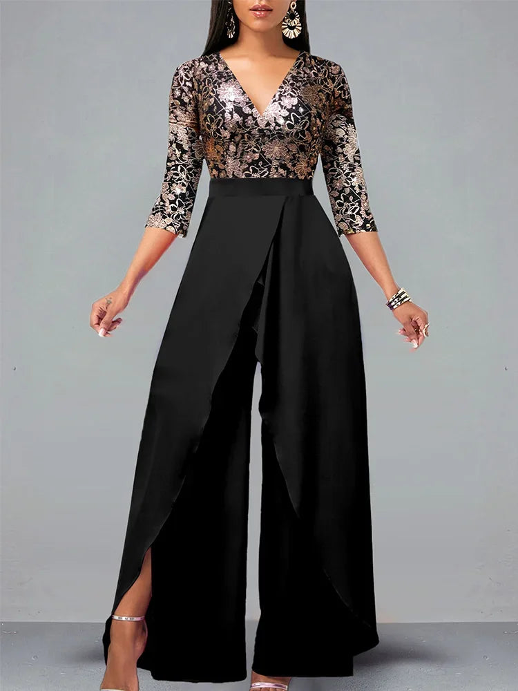 Heidi-Mode | Set Outfit Neu Vergoldet Blumen V-Ausschnitt Locker Passend Jumpsuit aus Einem Modischen Lässigen Stück für Frauen Elegante Frau