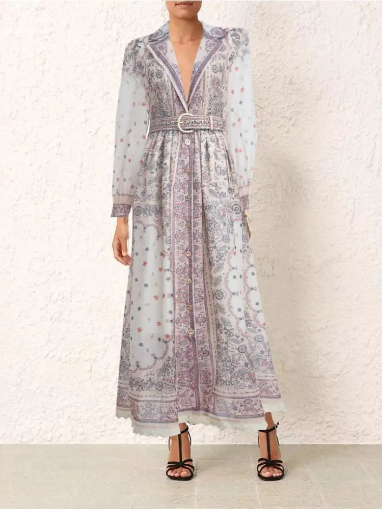 Heidi-Mode | Sommer Jahrgang für Frauen Print Kleider Lange Ärmel Kragen Ein-Knopf Chiffon Kleid Hohe Taille Neu Luxus Damenbekleidung