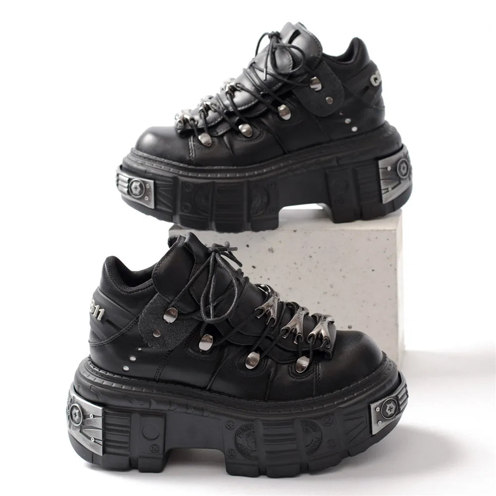 Heidi-Mode | Frauen Ankle Boots für Frauen Dicke Sohle Schnürsenkel Metall Dekoration Runde Zehen Plattform Schuhe Ladeis Punk Gothic Sneakers
