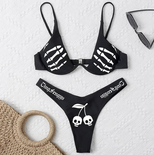 Heidi-Mode | Sexy Goth Bikini Frauen Buchstaben Totenkopf Druck Badeanzug Split Badeanzug Hohe Taille Gotische Bikini Set Strandoutfits