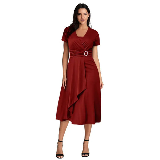 Heidi-Mode | Elegante Frauen Einfarbig Kurzarm V-Ausschnitt Asymmetrischer Saum Tailliert Midi Festkleid Damen Abendkleider