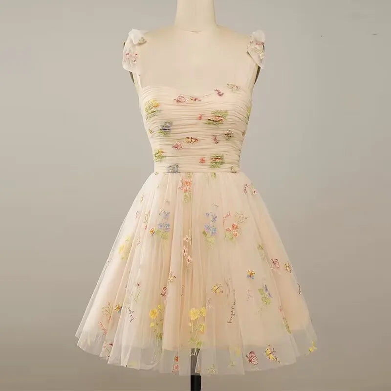 Heidi-Mode | Fairy Forest Green Kurze Prom Kleider Spaghetti-Träger Bunte Blumen Spitze Abend Feier