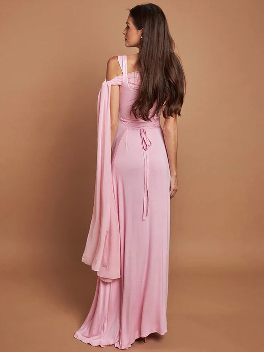 Heidi-Mode | Pink Cape Sleeve Sexy Maxi Kleid für Frauen Off Shoulder Rückenfrei Gown Elegant Schrägkragen Schnürung Lang Kleid Vestido