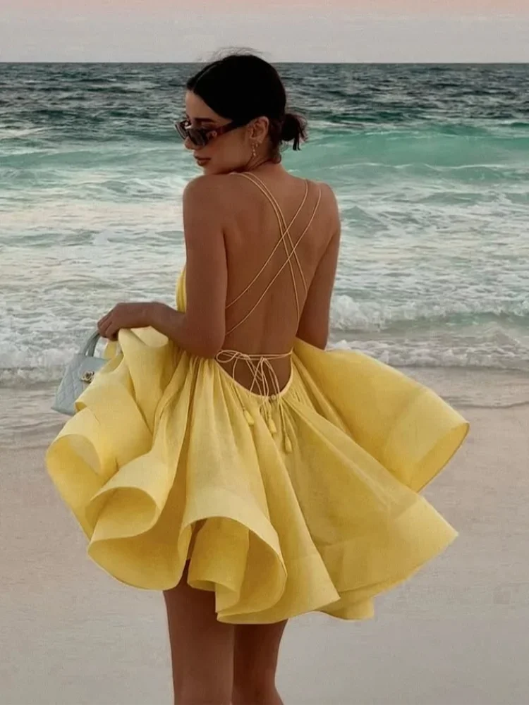 Heidi-Mode | Elegante Gelbe Plissierte A-Linie Mini Kleid Frauen Sexy Ohne Ärmel Offener Rücken Schnürkleider Sommer Damen Urlaub Strand Kleider