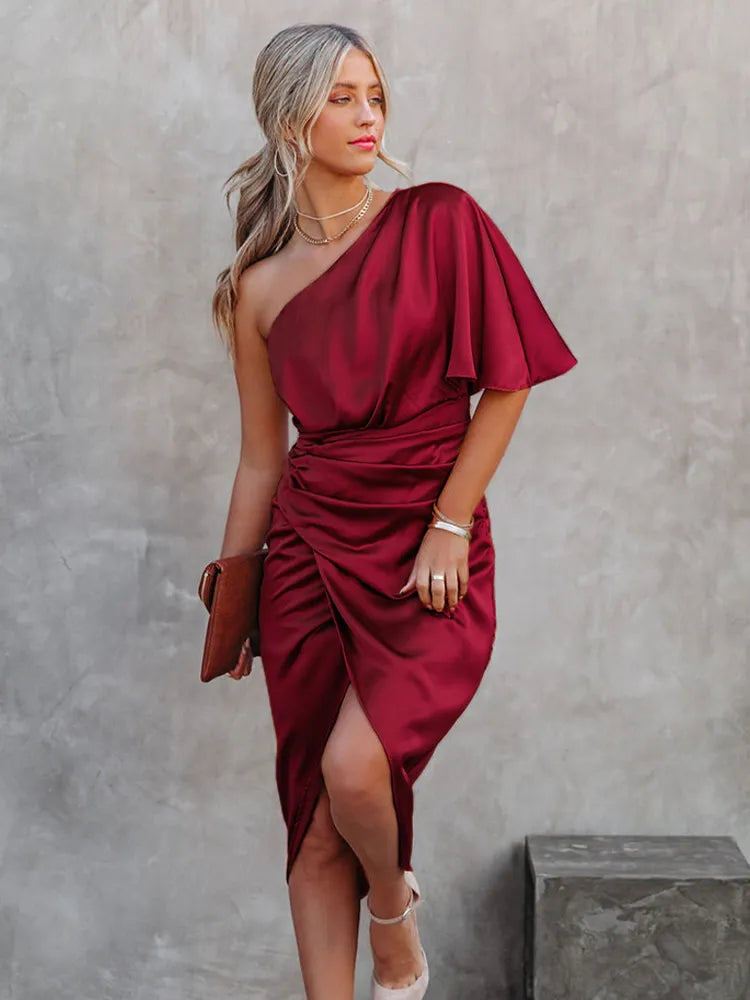 Ein-Schulter-Bodycon-Satin-Kleid