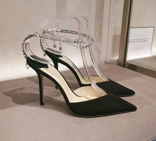 Heidi-Mode | Satin Strass Kette High Heels Schuhe Pumps