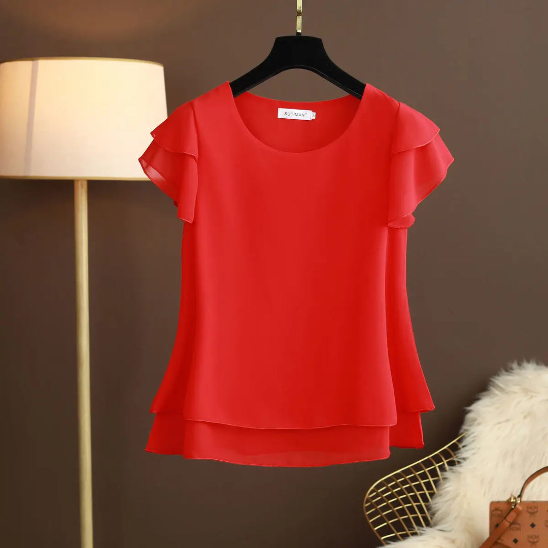 Heidi-Mode | Chiffon Bluse mit O-Ausschnitt und Kurzen Ärmeln