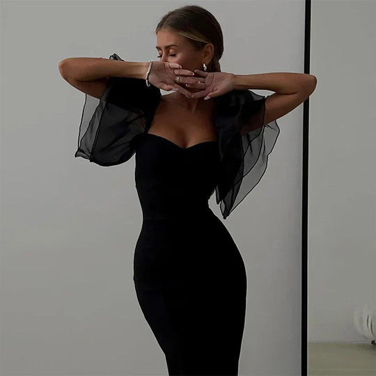 Heidi-Mode | Mesh Schmetterlingärmel Sheath Bodycon Kleid Frauen Quadratischer Hals Midi Robe Femme Festes Schwarz Vestidos Mujer Sexy Dame Festkleider