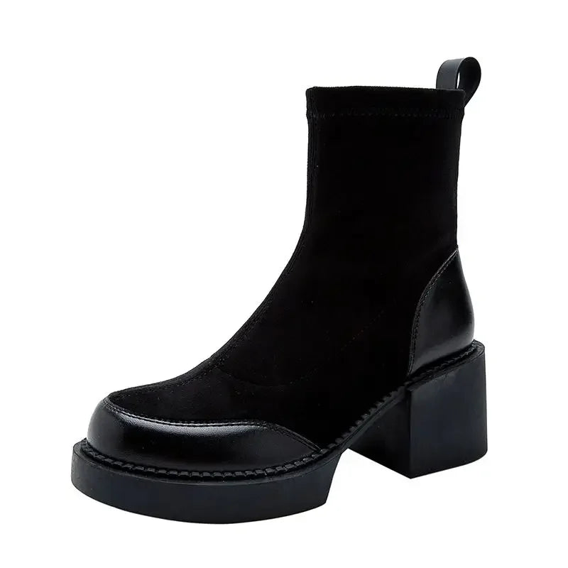 Heidi-Mode | Kurze Schuhe für Frauen Schwarze Damen Absatzstiefeletten Sockenschuhe Kampfstiefel Sehr Hohe Absätze Wildleder Punk Stil Stiefel Herbststiefel